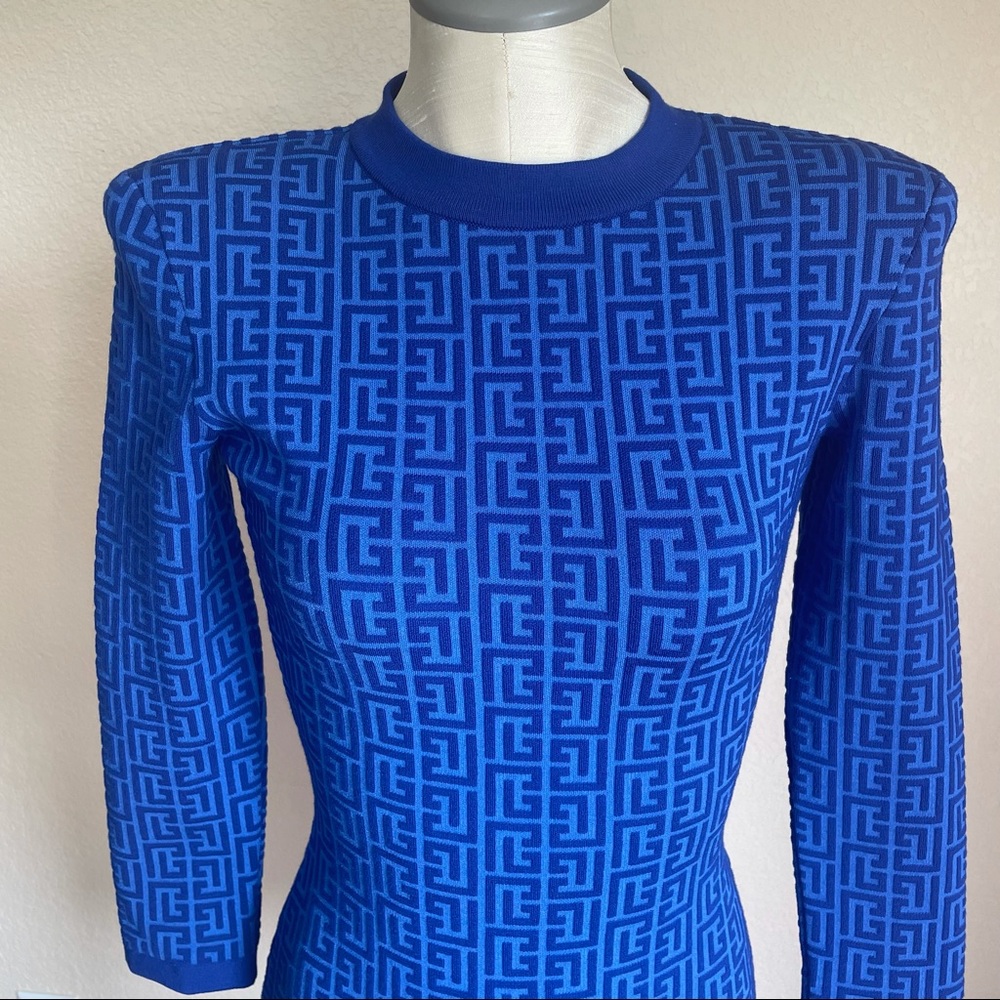 ❌SOLD❌ Balmain Balman Monogram Jacquard Long Sleeve Wool Blend Minidress - Picture 4 of 17